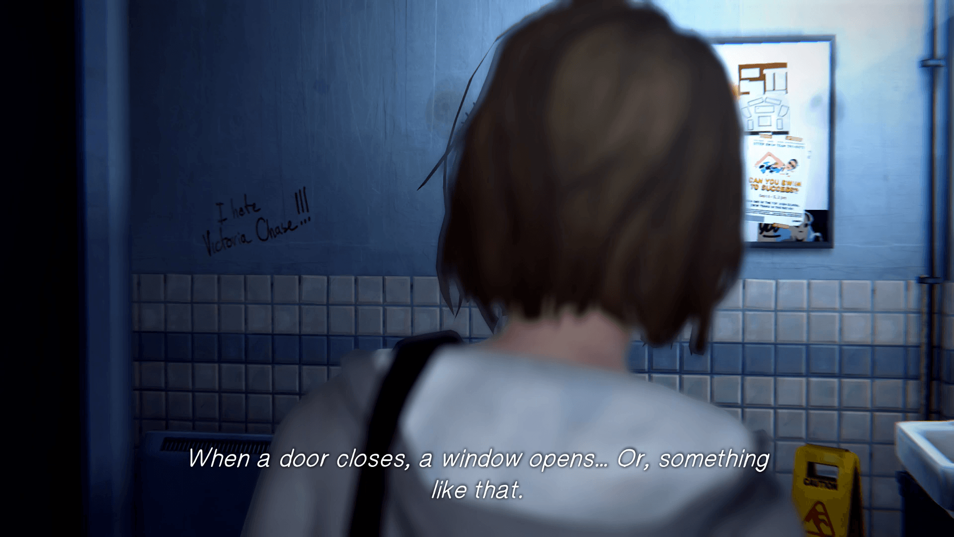 In-game screenshot of showing the back of Max's head. The subtitle reads, "When a door closes, a window opens... Or, something like that.