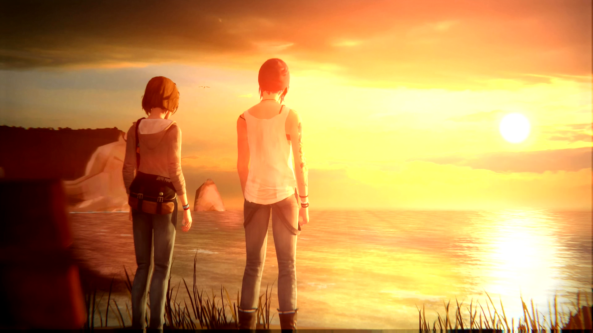 In-game screenshot of Max and Chloe watching a sunset