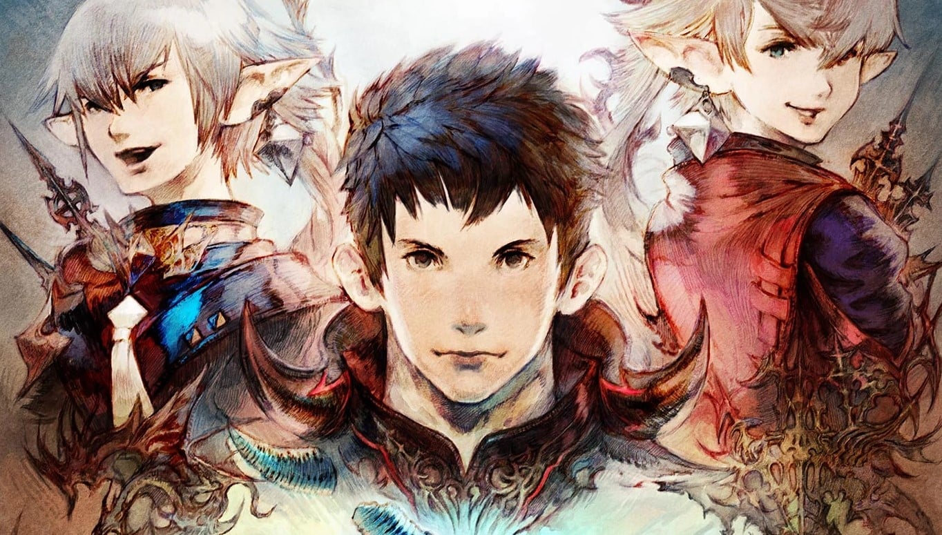 Key art from FFXIV showing Alphinaud, Alisaie, and the Warrior of Light