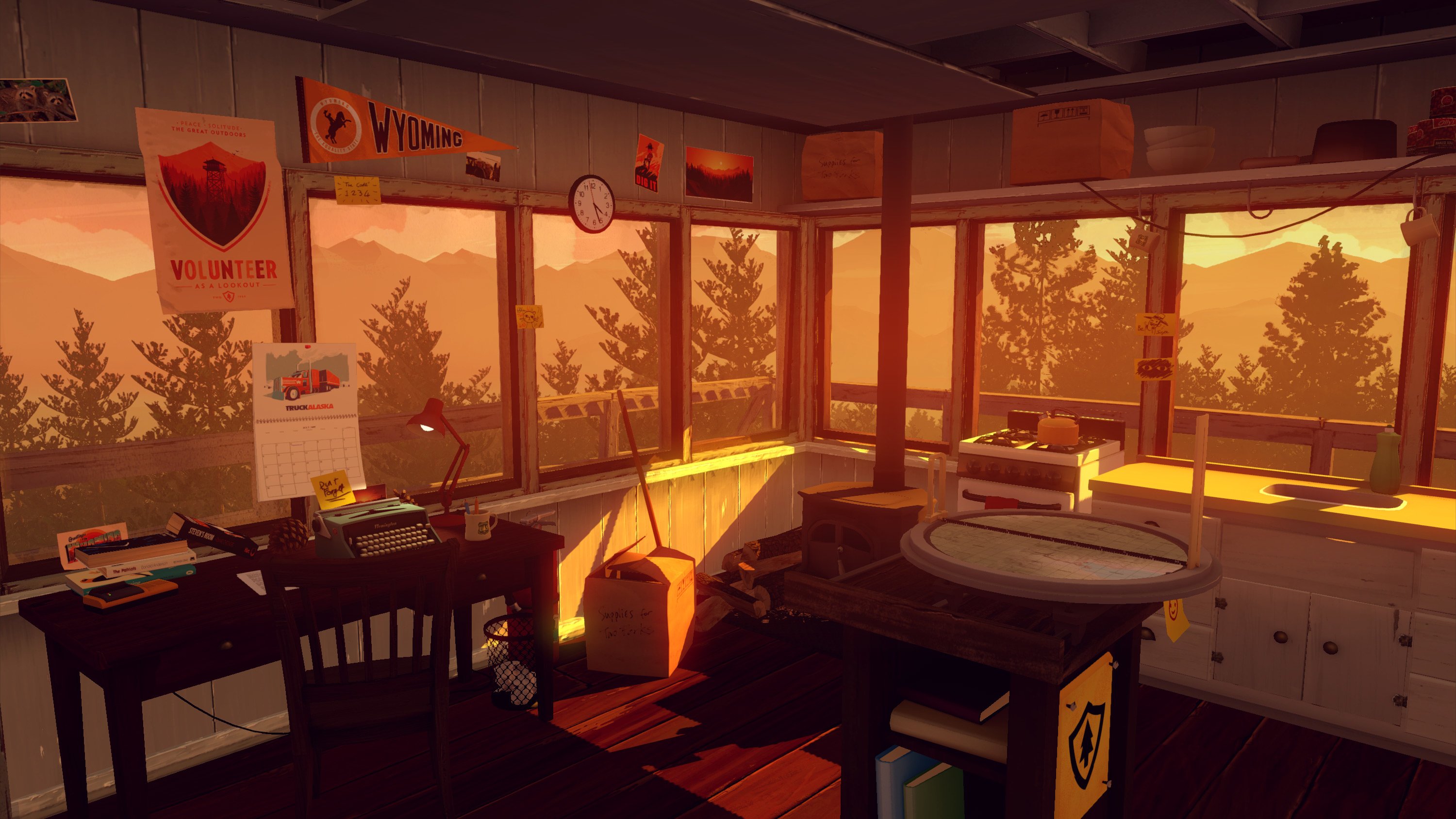An empty firewatch tower at sunset