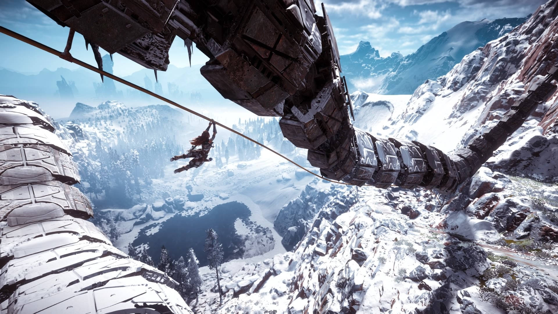 Aloy ziplining down from the top of a snowy mountain