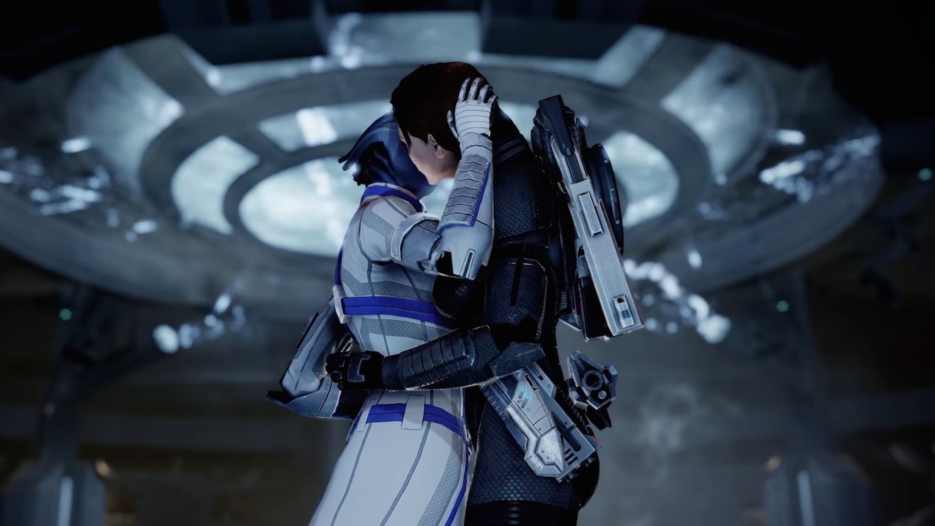 Liara and Female Shep kiss in the Shadow Broker's Lair