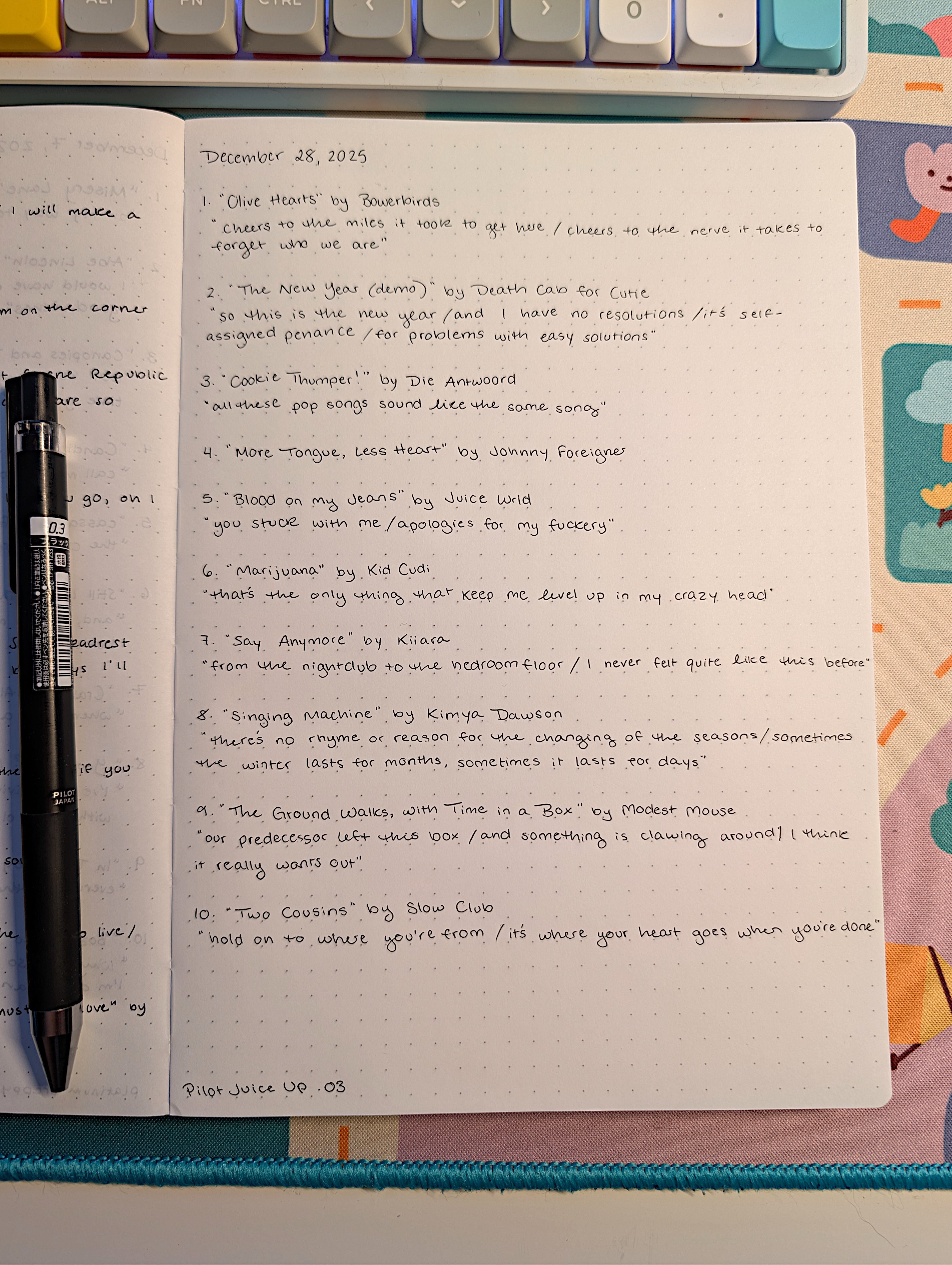 Photo of a notebook with a handwritten playlist